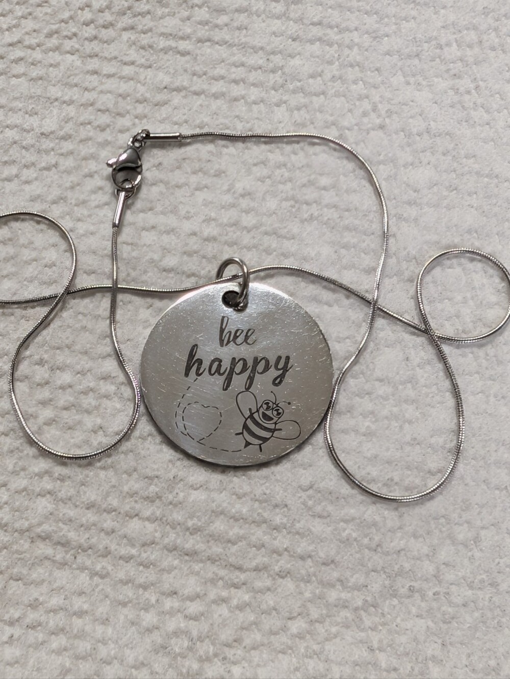 16-in Thin Silver Snake Chain With Bee Happy Circle Pendant